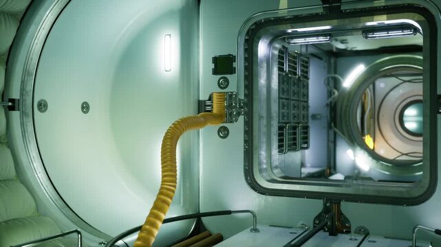 Narrow space station airlock transfer port featuring flexible hose and circular bulkhead, visible coupling and pressure ring, functional layout for docking