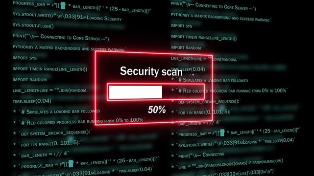 Cyber security scan progress bar with glowing red frame overlays on digital software source code background, for advanced network, protection, data privacy, monitoring, and information technology