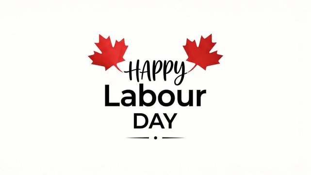 Happy Labour Day Greeting with Red Maple Leaf Icons on White Background