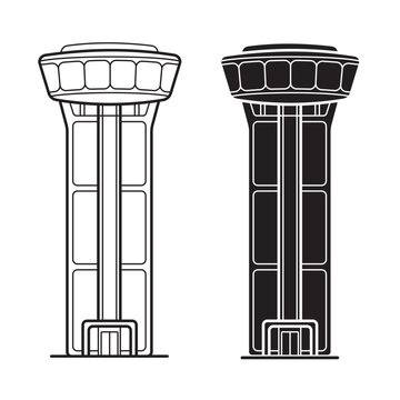 Modern Airport Control Tower Vector - Outline & Solid Black Silhouette