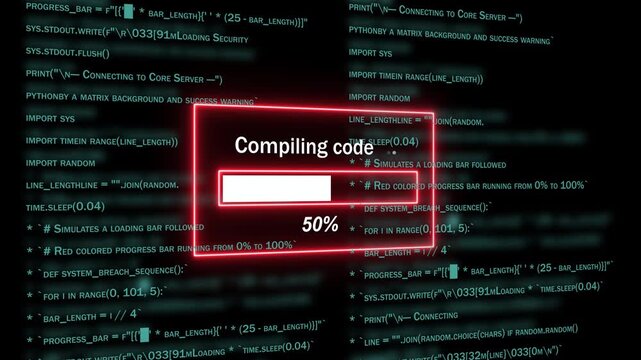 Dynamic digital progress bar animation displaying compiling code process with glowing red border overlay on a dark background, of scrolling software, programming script for, tech and cyber security