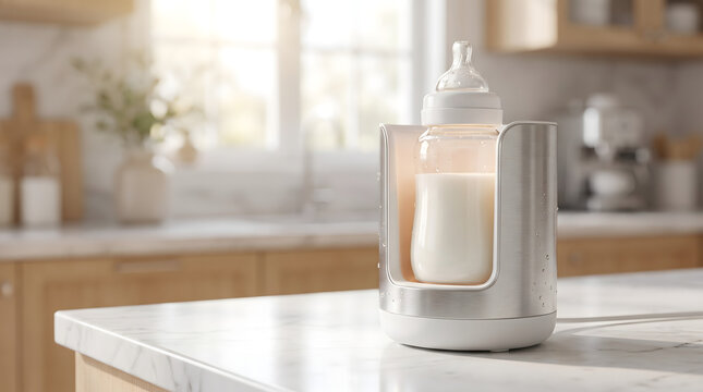 Close up of unbranded electric baby bottle warmer preparing breast milk for lactancia materna