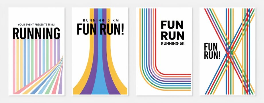 Set of four colorful line art posters for a 5k run