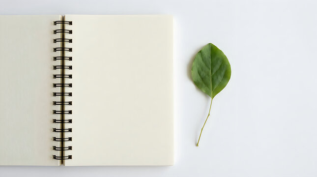 Open spiral notebook with a single green leaf illustration