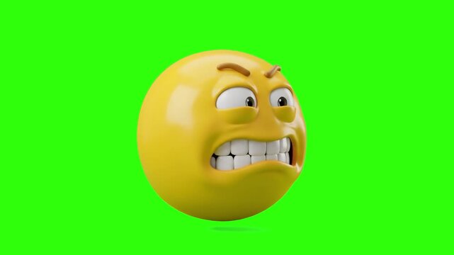 A 3D yellow emoji character displaying a cringing expression with clenched teeth in side profile on a bright chroma key green background. Designed for easy video keying, conflict reactions, and social