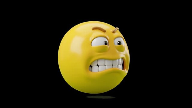 A detailed 3D yellow emoji showing a side profile view with clenched teeth and furled brows set against a solid dark black background. Excellent for high-contrast video editing, stress concepts, and e
