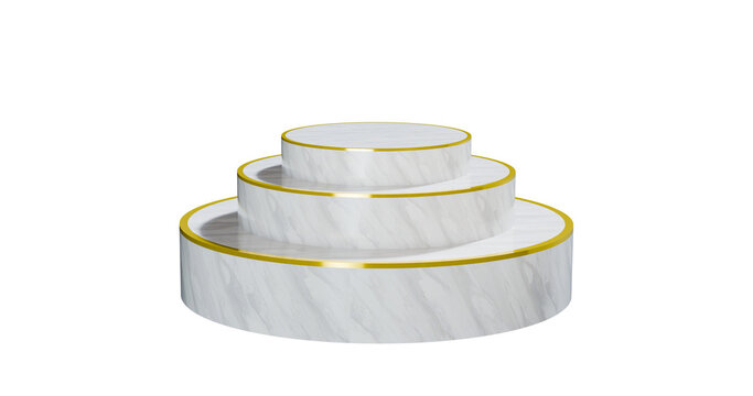 White marble podiums stacked with gold rings in a transparent background