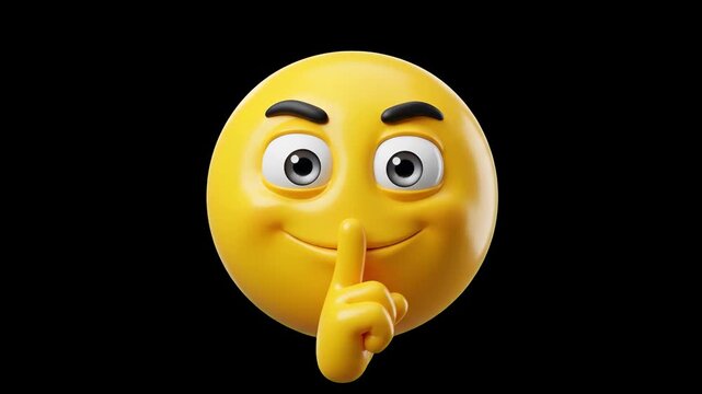 A glossy 3D yellow emoji making a hush or quiet gesture with a finger pressed to its lips against a solid black background. Ideal for high-contrast video overlays, secret themes, quiet reactions, and 