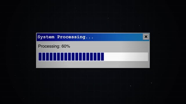 Retro system processing window with loading bar, vintage computer interface showing 60 percent progress, nostalgic tech aesthetic