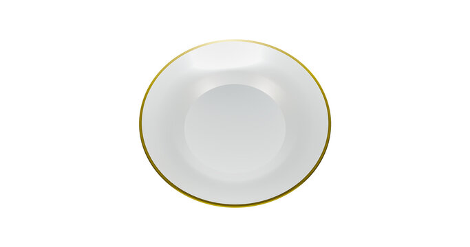 White ceramic plate with gold plated ring in a transparent background