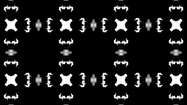 Black and white ink blot kaleidoscope loop background. Dynamic dark symmetrical mandala pattern animation. Abstract grunge geometric optical visual transition.