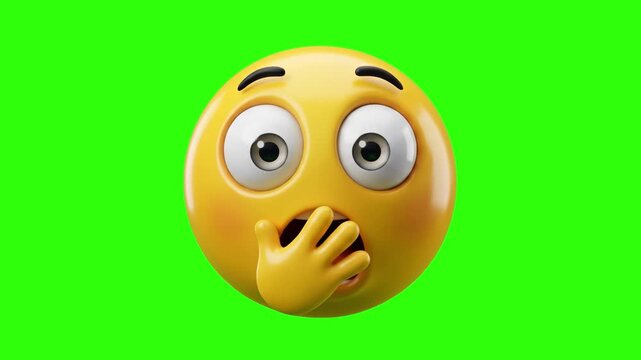 A vivid 3D rendering of a yellow emoji character with wide astonished eyes covering its open mouth with a hand in surprise or disbelief, isolated on a green chroma key background. Excellent for reacti