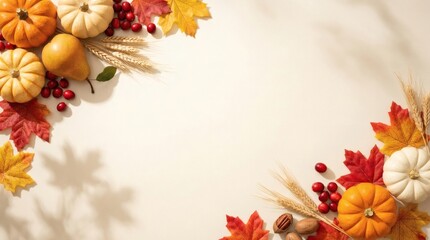 Fototapeta premium Autumn Harvest Flat Lay with Pumpkins, Cranberries, and Maple Leaves on Beige