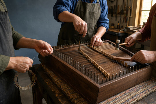 Hammered Dulcimer Stringing and Setup by Instrument Makers with Copy Space