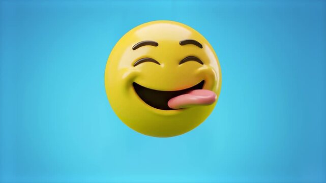 A detailed 3D yellow emoji with a big smile sticking its tongue out to the side against a blue sky backdrop. Excellent for funny reaction clips, playful social media posts, jokes, and video compositin