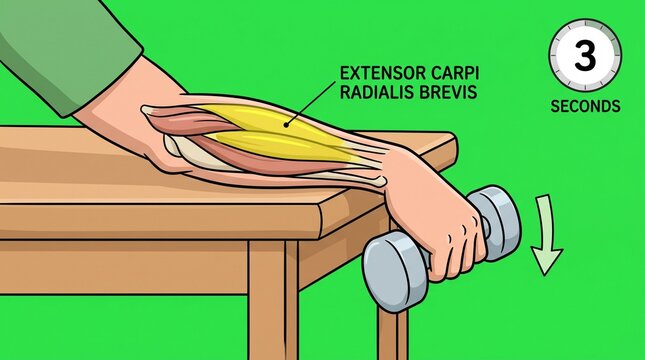 Cartoon illustration of forearm muscle exercise with dumbbell for physical therapy