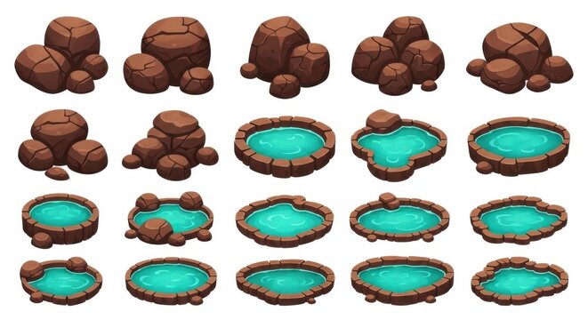 Cartoon stone rocks and water pond game assets set