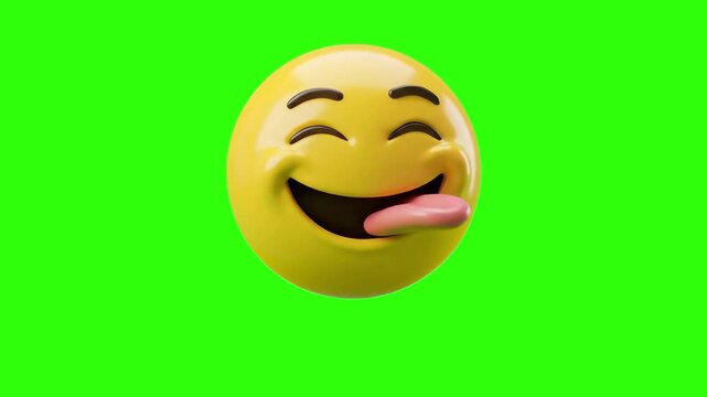 A 3D render of a cheerful yellow emoji sticking its tongue out with closed smiling eyes on a chroma key green background. Designed for easy keying and compositing in silly video edits, jokes, and funn