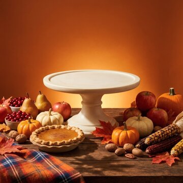 Autumn Harvest Display with Empty Cake Stand and Seasonal Delights