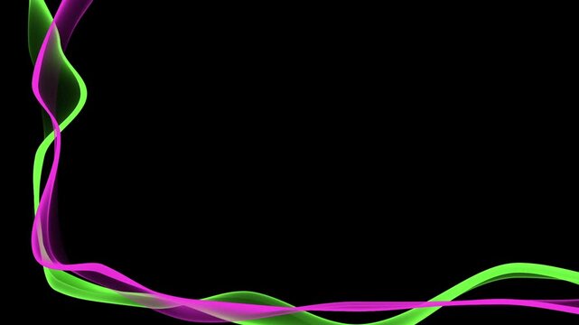 Glowing pink green wave border animation. Dynamic neon ribbon line frame overlay background. Abstract modern fluid wave edge visual motion.