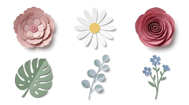 Assorted colorful paper craft flowers and leaves isolated on white