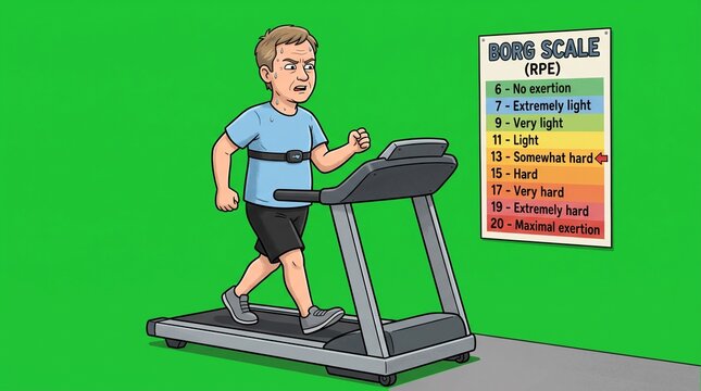 Cartoon man walking on treadmill with Borg scale chart for fitness exercise assessment