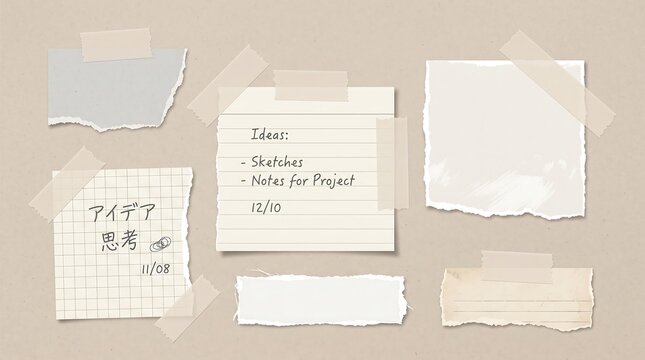 Arrangement of torn paper scraps with handwritten notes taped on neutral background