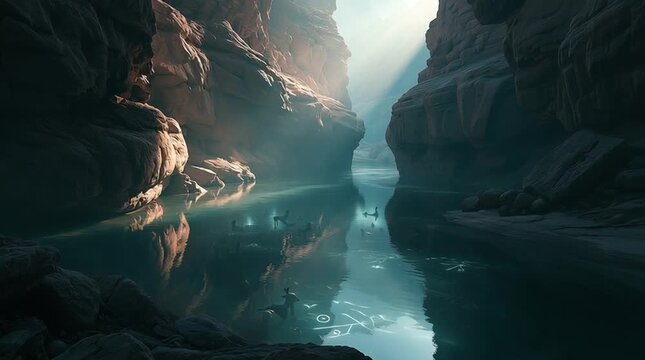 Majestic river flowing through an ancient canyon, its water reflecting visions of possible futures instead of the surrounding landscape, with subtle glowing symbols beneath the surface.