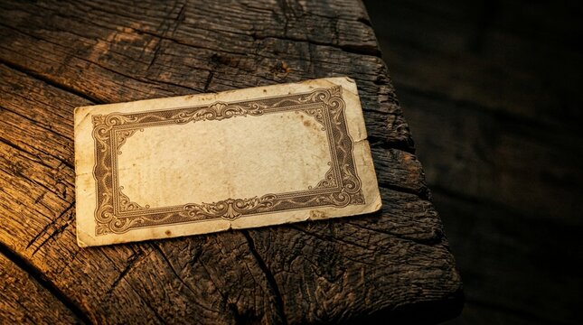 Vintage Paper Mockup blank antique frame sits on rustic weathered wood table in dramatic low light for nostalgic creative design