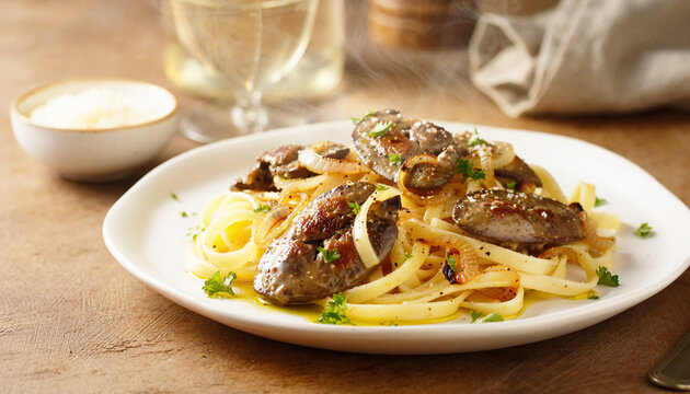 Linguine with fried chicken liver and onions, diner style. AI