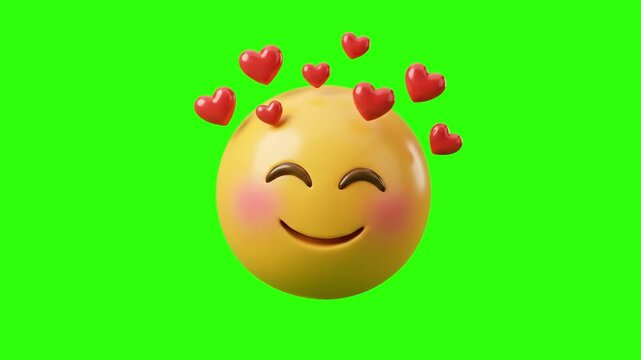 A glossy yellow 3D smiling emoji face with rosy blushing cheeks and floating red hearts overhead on a chroma key green background. Perfect for romantic social media posts, Valentine's Day content, lov