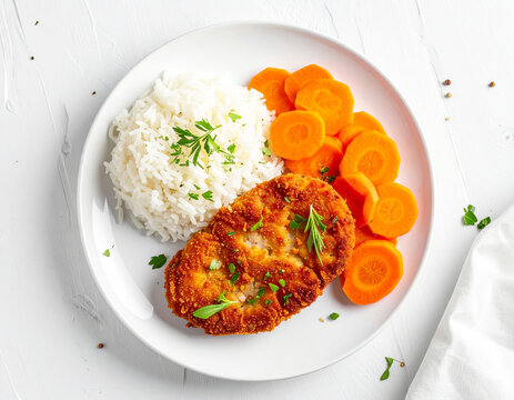 Pork cutlet with carrots and rice, white plate, top view. AI