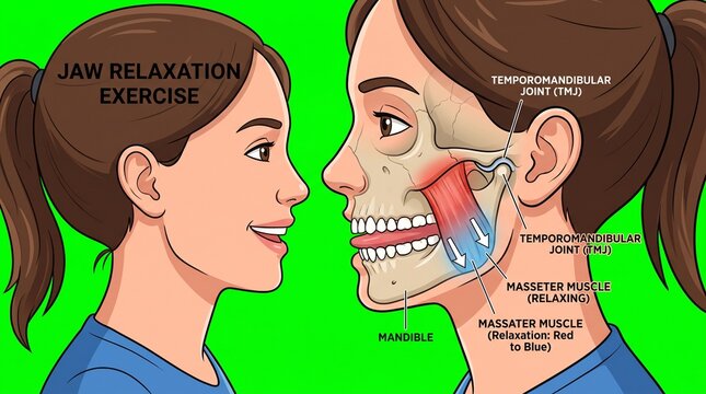Jaw relaxation exercise illustration showing facial muscle anatomy and TMJ therapy guide.
