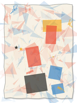 Abstract geometric art composition featuring colorful squares and transparent triangle patterns on a light background