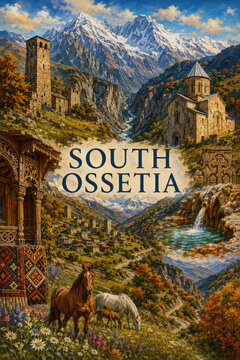 South Ossetia Vintage Travel Poster with Caucasus Mountains and Medieval Towers