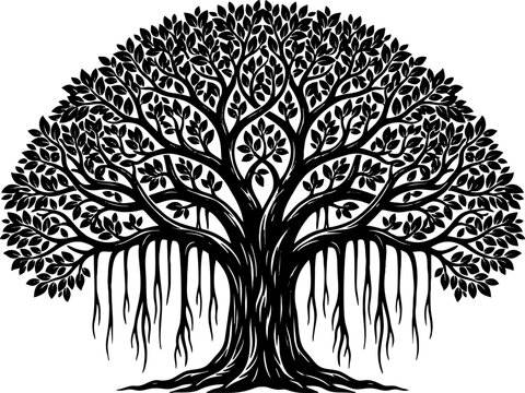 Black and white banyan tree silhouette with intricate foliage