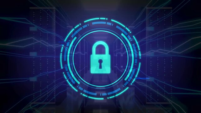Glowing blue digital padlock icon centered within a futuristic technological HUD over a server room background. Represents cybersecurity, data encryption, digital privacy, and network protection.