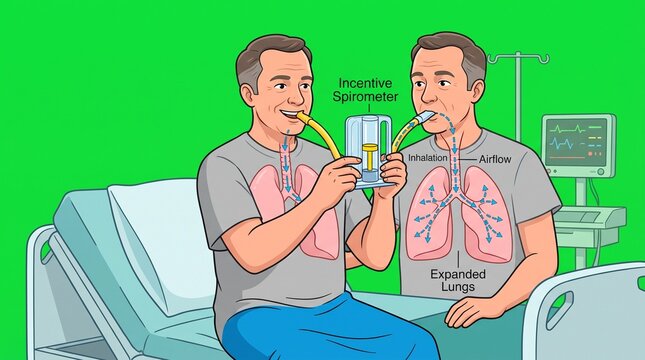 Patient using incentive spirometer for lung exercise and respiratory therapy recovery