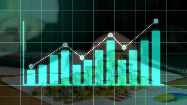 Stacks of gold coins on a desk with a glowing cyan financial bar chart and line graph rising upward, representing compound interest, dividend growth, and wealth creation.