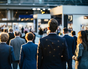 Fototapeta premium Business visitors exploring a professional exhibition, connecting with industry experts. Commercial corporate image for trade shows,networking events,conferences,marketing,sales,business development.