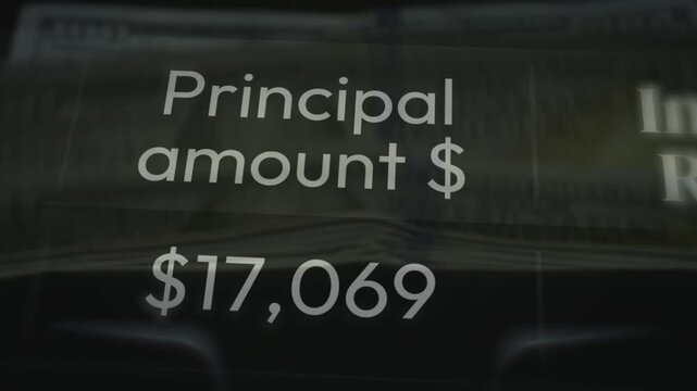 Close-up of US currency bills with the text 'Principal amount $24,466' overlaid, representing banking concepts, loan principals, initial investments, and capital.