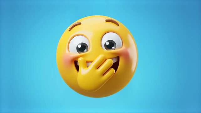 A cheerful 3D rendering of a yellow emoji character with rosy blushed cheeks covering its mouth with a hand, giggling or holding back a laugh, isolated on a solid blue backdrop. Excellent for cute vid