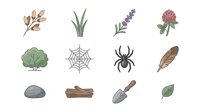 Various nature elements and gardening tools arranged as cute digital icons