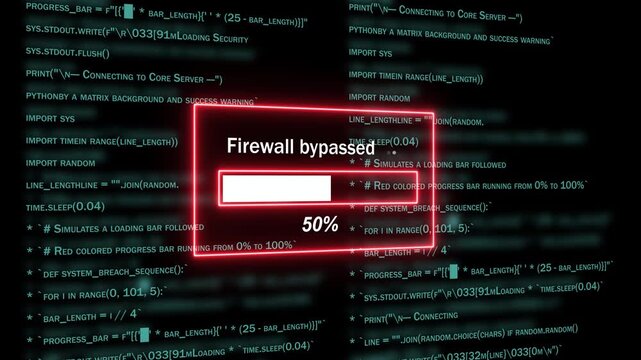 Cyber security breach simulation featuring a red glowing firewall bypassed progress bar loading screen against a dark background, of scrolling python, programming code for, advanced digital network