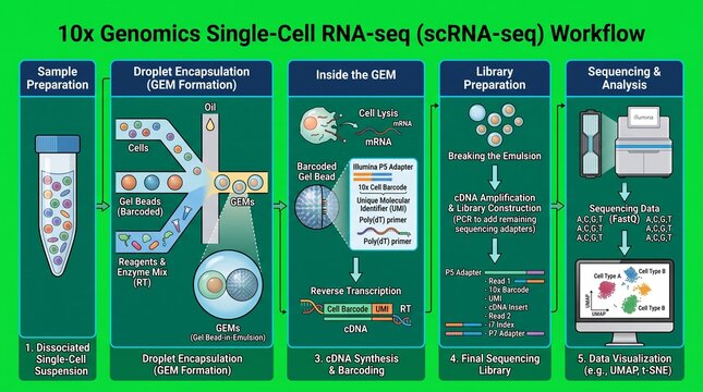 Single-cell RNA sequencing workflow diagram showing droplet encapsulation and data analysis.