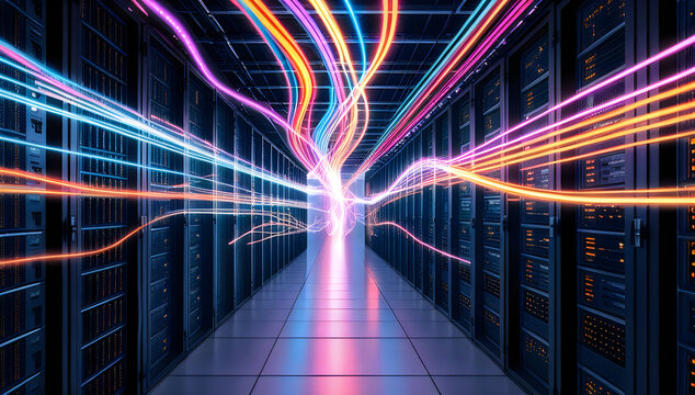 Data streaming lines inside a modern server room illustration