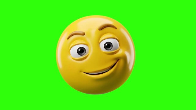 A 3D yellow emoji face displaying a subtle smirk and confident smile set against a chroma key green screen. Great for seamless video keying, cheeky reaction clips, and social media content creation.