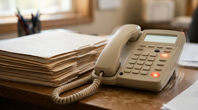 Clinical trial coordinator's desk phone ringing while a stack of participant files waits nearby.
