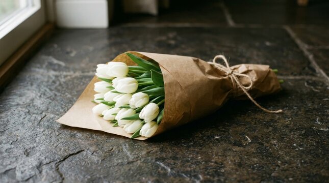 A beautiful bouquet of fresh white tulips wrapped in brown paper.