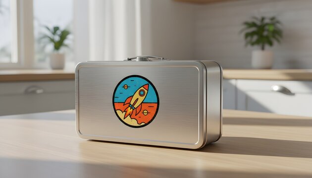 Vintage metal lunchbox with sticker of a space rocket sitting on a bright wooden kitchen table for school lunch nutrition concept
